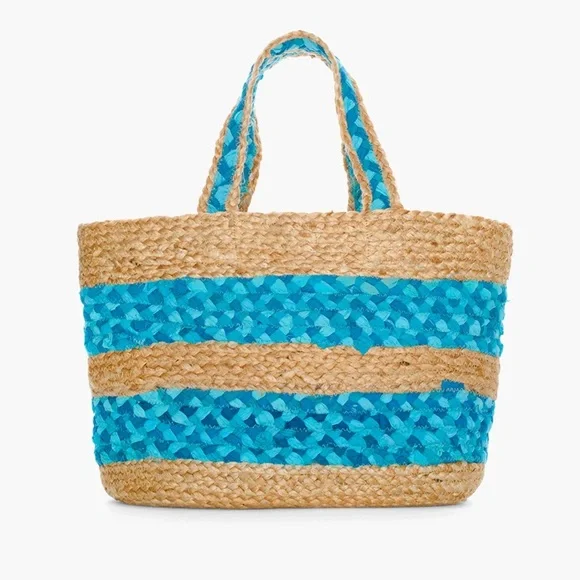 CHICO’S Beige Woven Jute Raffia Turquoise Blue Fabric Beach Travel Shoulder Tote - Picture 3 of 11